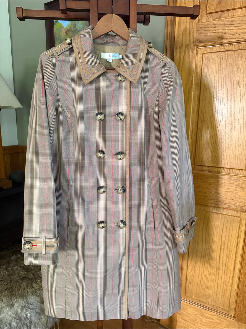 Boden Beige Plaid Trench with Pink Stripe